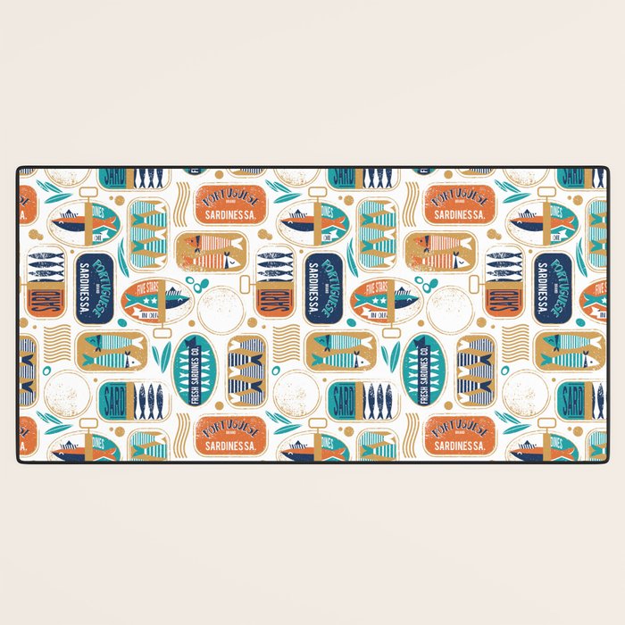 Vintage canned sardines // white background peacock teal and gold drop orange cans  Desk Mat Gallery Image 3