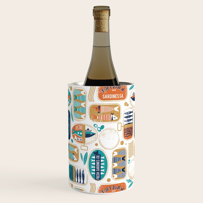 Vintage canned sardines // white background peacock teal and gold drop orange cans  Wine Chiller Gallery Image 3