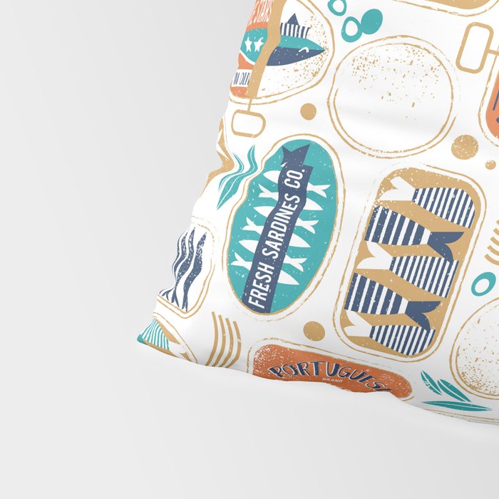 Vintage canned sardines // white background peacock teal and gold drop orange cans  Pillow Sham Gallery Image 4