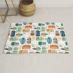 Vintage canned sardines // white background peacock teal and gold drop orange cans  Rug Gallery Image 1