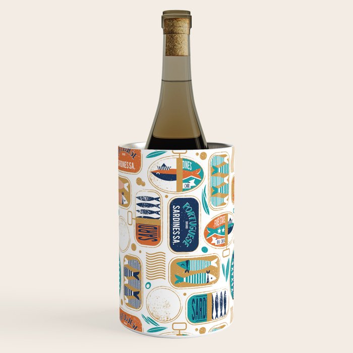 Vintage canned sardines // white background peacock teal and gold drop orange cans  Wine Chiller Gallery Image 1