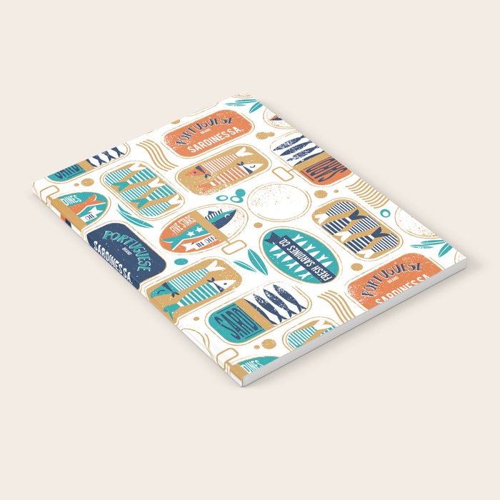 Vintage canned sardines // white background peacock teal and gold drop orange cans  Notebook Gallery Image 2