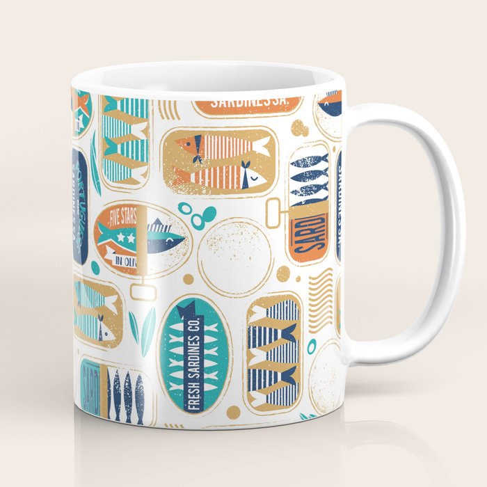 Vintage canned sardines // white background peacock teal and gold drop orange cans  Coffee Mug Gallery Image 1