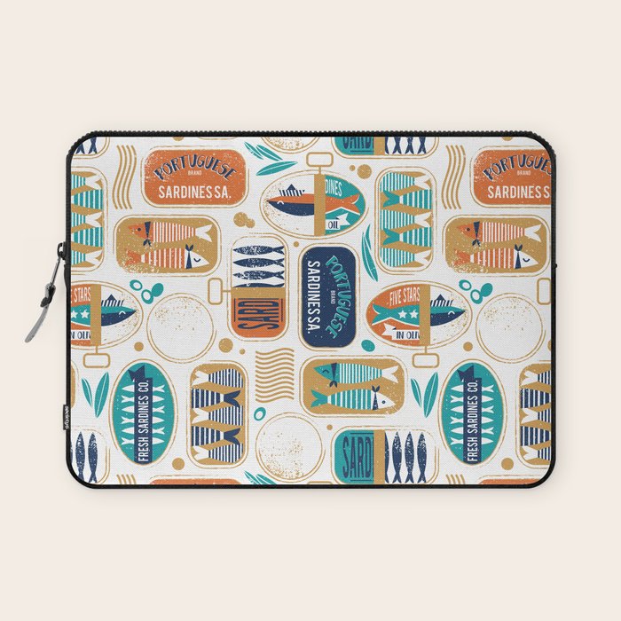 Vintage canned sardines // white background peacock teal and gold drop orange cans  Laptop Sleeve Gallery Image 1