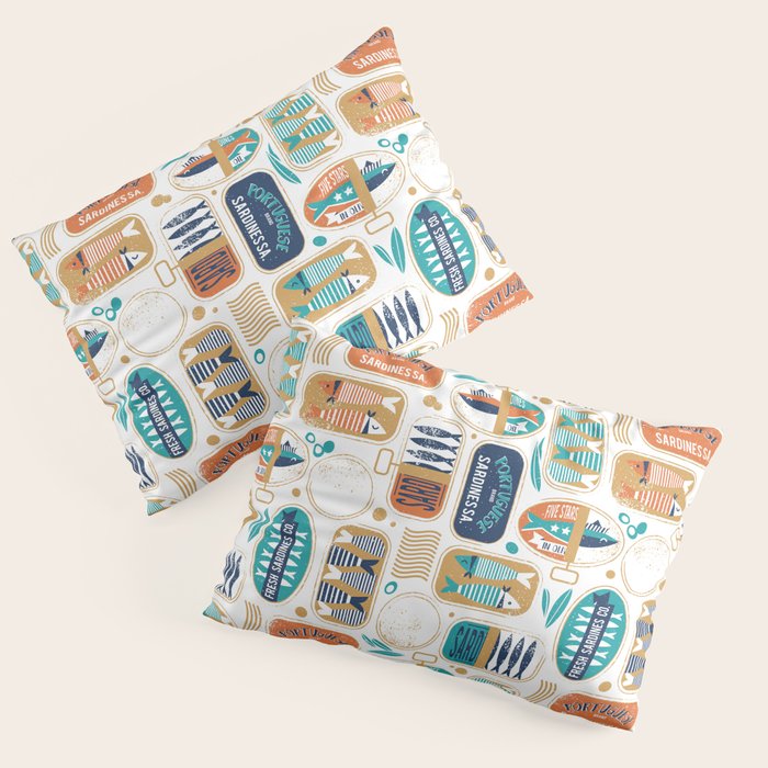 Vintage canned sardines // white background peacock teal and gold drop orange cans  Pillow Sham Gallery Image 1