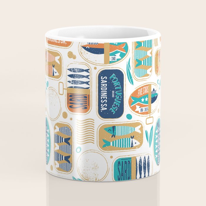 Vintage canned sardines // white background peacock teal and gold drop orange cans  Coffee Mug Gallery Image 4