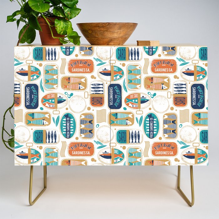 Vintage canned sardines // white background peacock teal and gold drop orange cans  Credenza Gallery Image 1