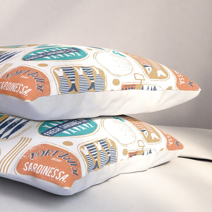 Vintage canned sardines // white background peacock teal and gold drop orange cans  Pillow Sham Gallery Image 3