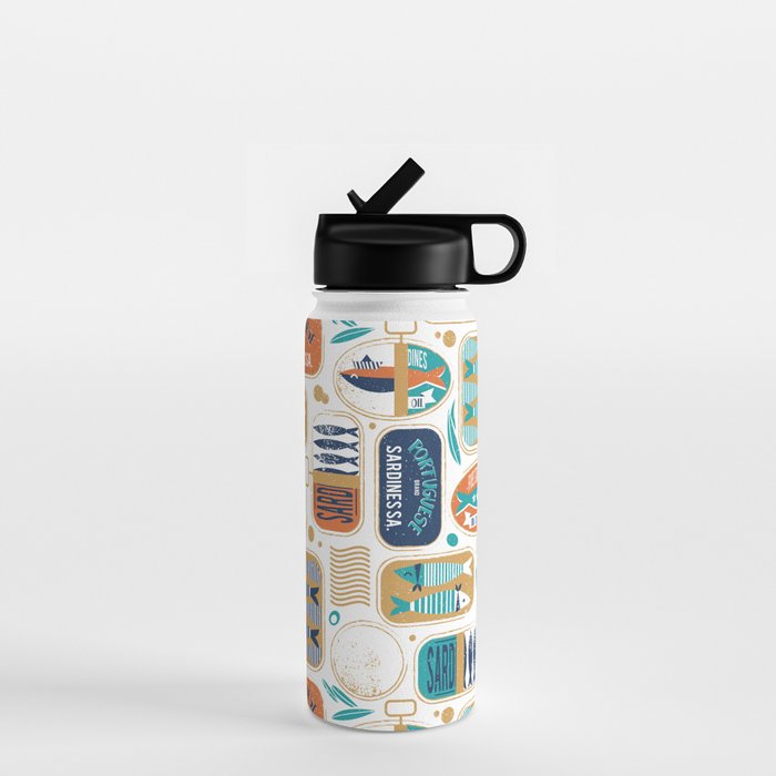 Vintage canned sardines // white background peacock teal and gold drop orange cans  Water Bottle Gallery Image 1