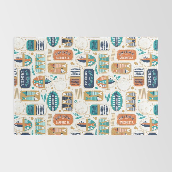 Vintage canned sardines // white background peacock teal and gold drop orange cans  Rug Gallery Image 2