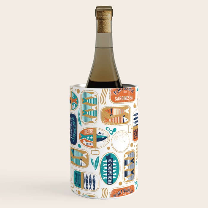 Vintage canned sardines // white background peacock teal and gold drop orange cans  Wine Chiller Gallery Image 2