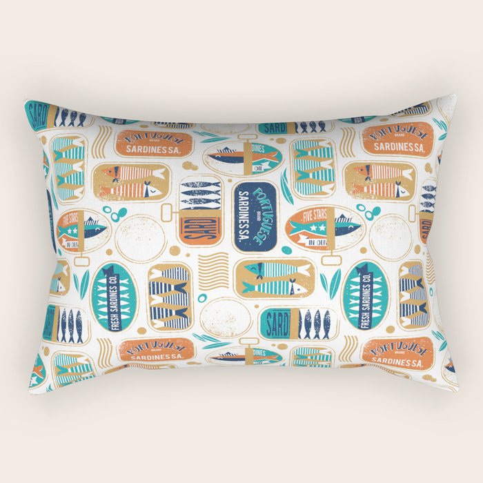 Vintage canned sardines // white background peacock teal and gold drop orange cans  Rectangular Pillow Gallery Image 2
