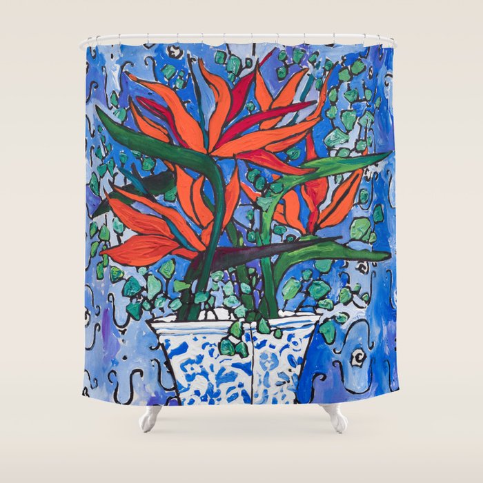 Birds of Paradise in Blue After Matisse Shower Curtain Gallery Image 1