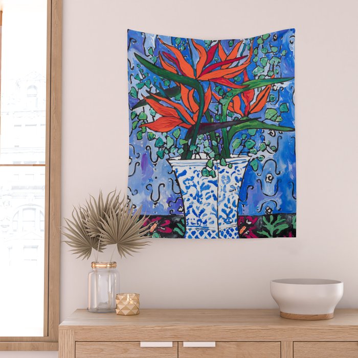 Birds of Paradise in Blue After Matisse Wall Tapestry Gallery Image 2