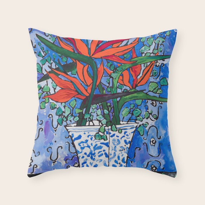 Birds of Paradise in Blue After Matisse Throw Pillow Gallery Image 1
