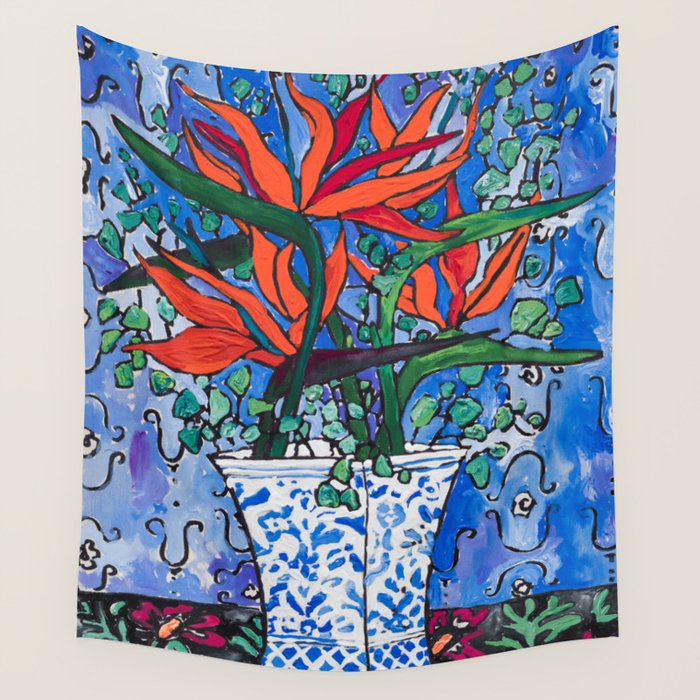 Birds of Paradise in Blue After Matisse Wall Tapestry Gallery Image 1