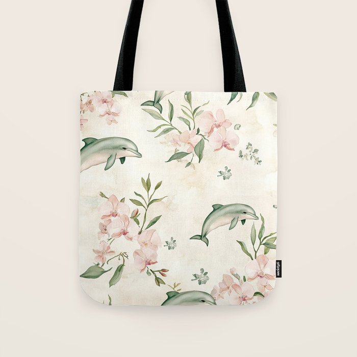 Dolphins and orchids watercolor tropical print Tote Bag Gallery Image 1
