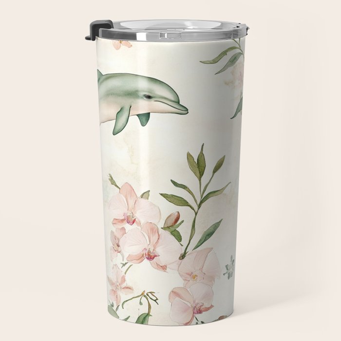 Dolphins and orchids watercolor tropical print Travel Mug Gallery Image 3