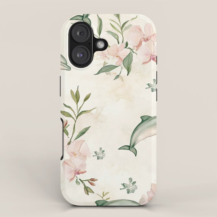 Dolphins and orchids watercolor tropical print iPhone Case Gallery Image 1