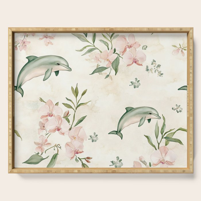 Dolphins and orchids watercolor tropical print Serving Tray Gallery Image 1