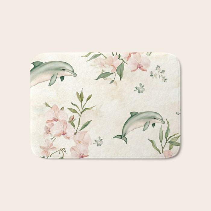 Dolphins and orchids watercolor tropical print Bath Mat Gallery Image 1