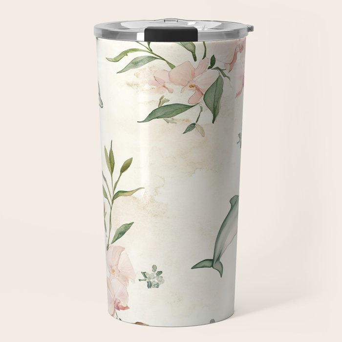 Dolphins and orchids watercolor tropical print Travel Mug Gallery Image 1