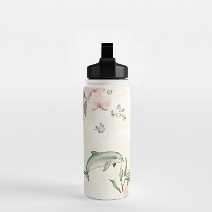 Dolphins and orchids watercolor tropical print Water Bottle Gallery Image 2