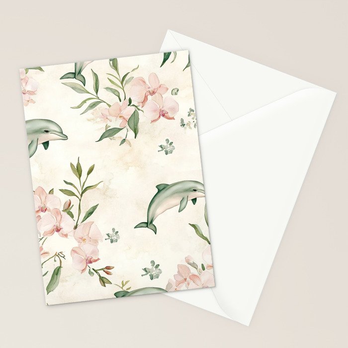 Dolphins and orchids watercolor tropical print Stationery Card Gallery Image 2