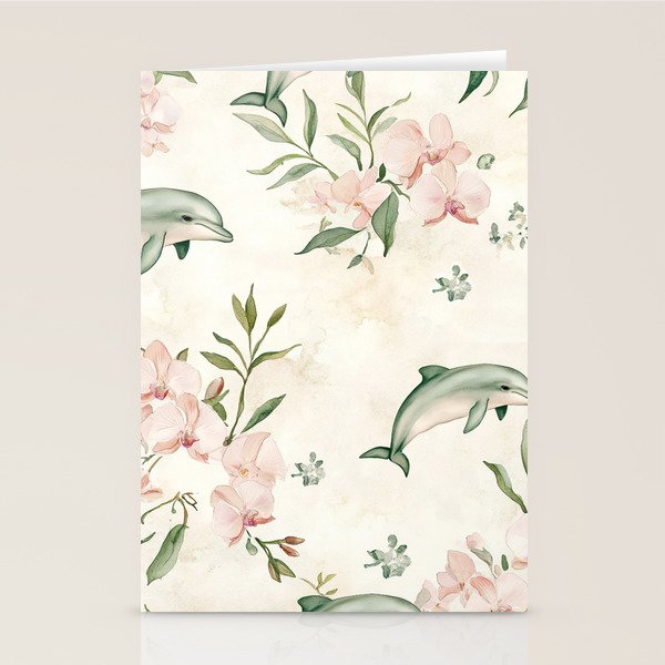 Dolphins and orchids watercolor tropical print Stationery Card Gallery Image 1