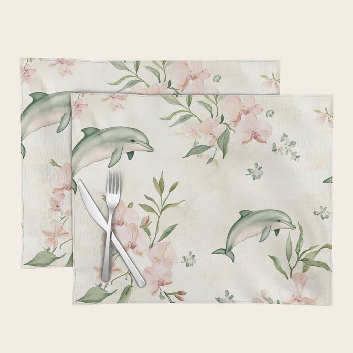 Dolphins and orchids watercolor tropical print Placemat Gallery Image 1