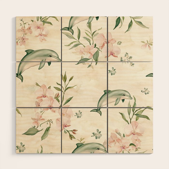 Dolphins and orchids watercolor tropical print Wood Wall Art Gallery Image 1
