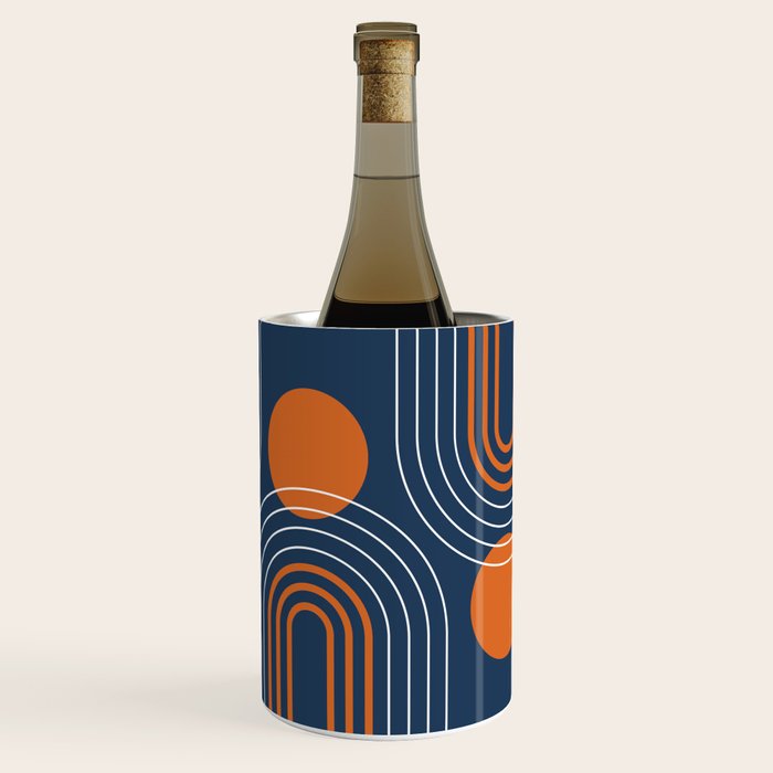 Mid Century Modern Geometric 111 in Navy Blue and Vintage Orange (Rainbow and Sun Abstraction) Wine Chiller Gallery Image 3
