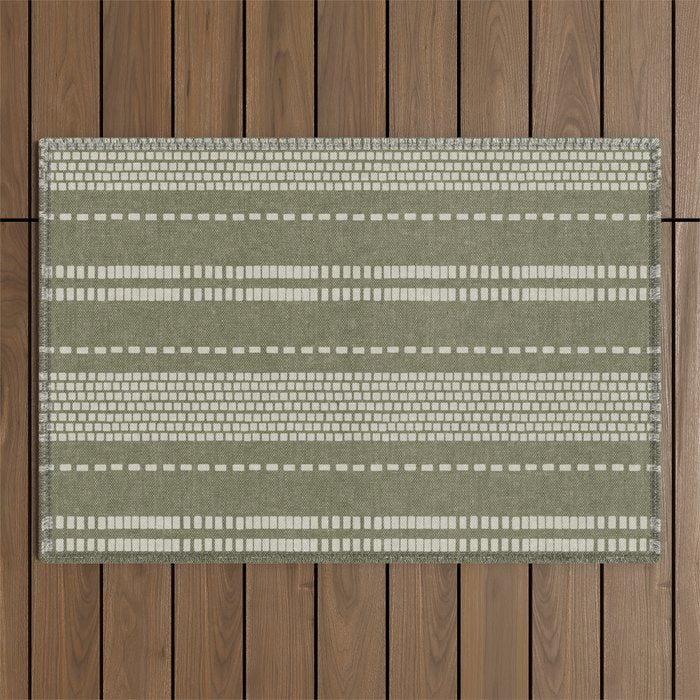 vertical dashed stitch - dark sage Outdoor Rug Gallery Image 1