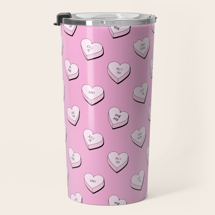 Pink love heart candy cartoon pattern Travel Mug Gallery Image 3