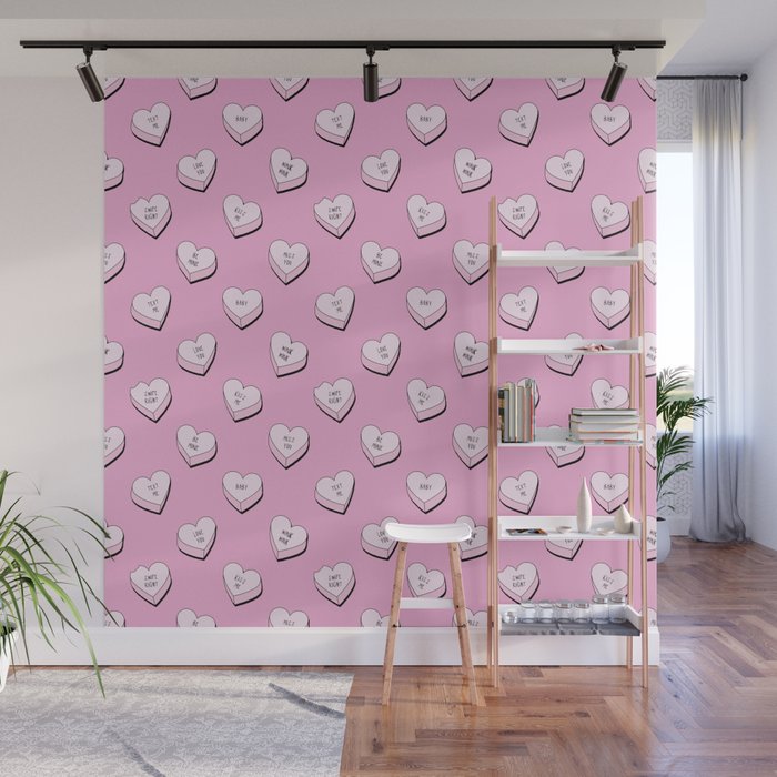 Pink love heart candy cartoon pattern Wall Mural Gallery Image 1