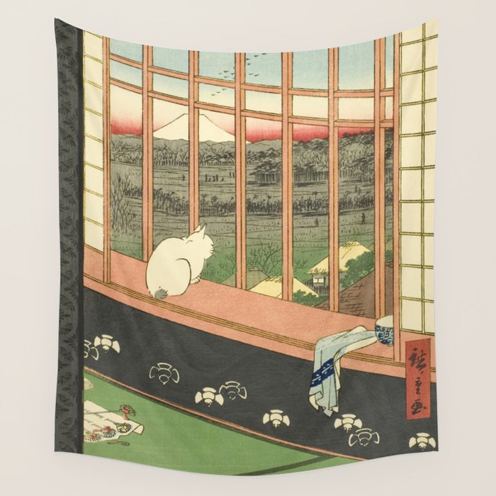 Utagawa Hiroshige - Asakusa Rice Fields, Torinomachi Festival - Vintage Japanese Woodblock Print, 1857 Wall Tapestry Gallery Image 4