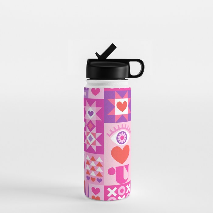 I Love You Checkerboard - Pink Red & Purple Water Bottle Gallery Image 1