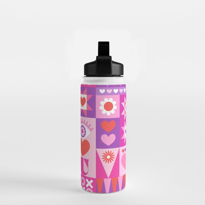 I Love You Checkerboard - Pink Red & Purple Water Bottle Gallery Image 2