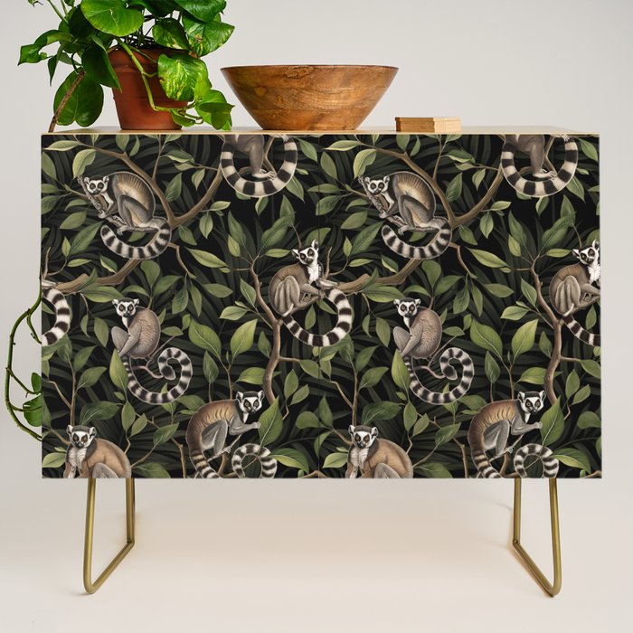 Lush Tropical Lemur Monkey Paradise Black Credenza Gallery Image 1