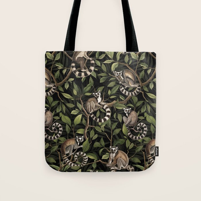 Lush Tropical Lemur Monkey Paradise Black Tote Bag Gallery Image 1