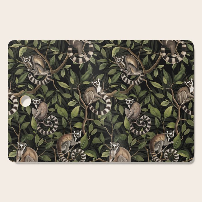 Lush Tropical Lemur Monkey Paradise Black Cutting Board Gallery Image 1