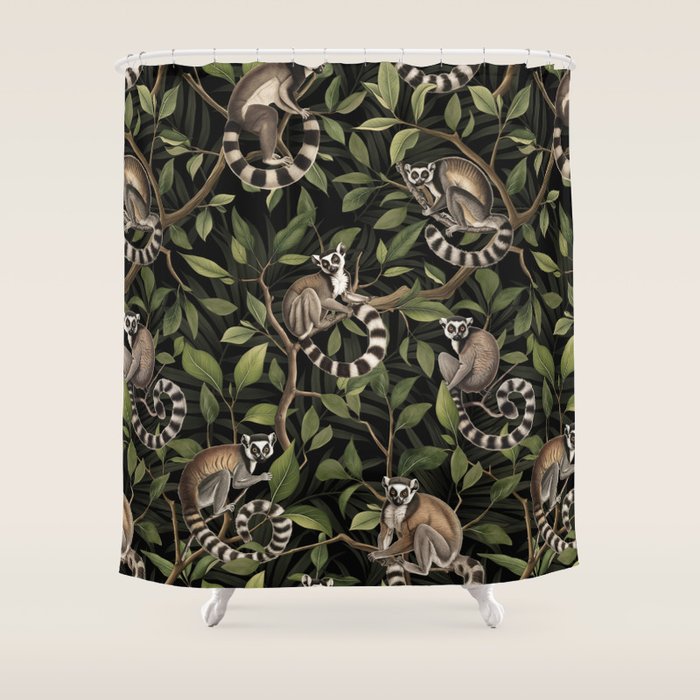 Lush Tropical Lemur Monkey Paradise Black Shower Curtain Gallery Image 1