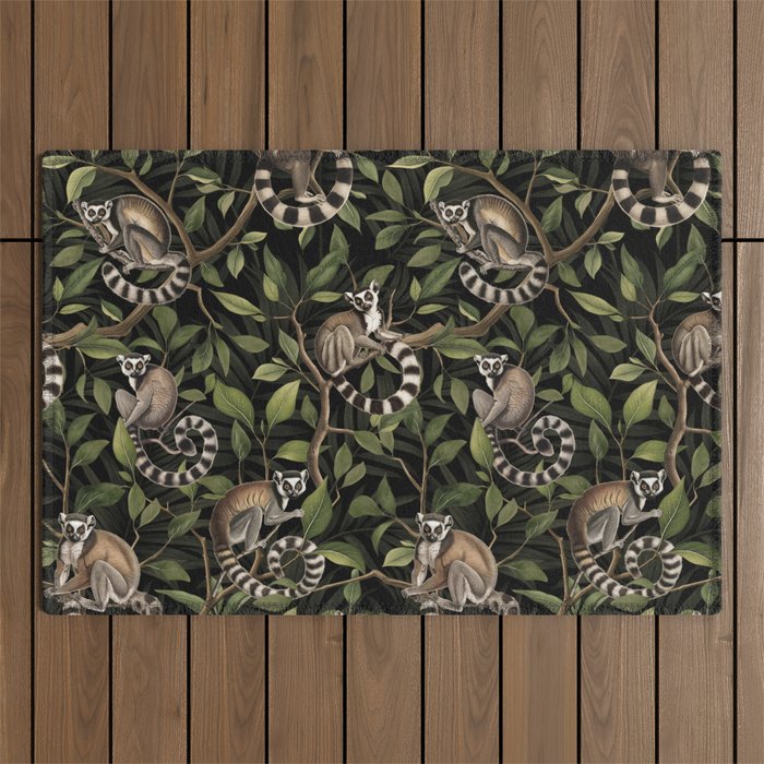 Lush Tropical Lemur Monkey Paradise Black Outdoor Rug Gallery Image 1