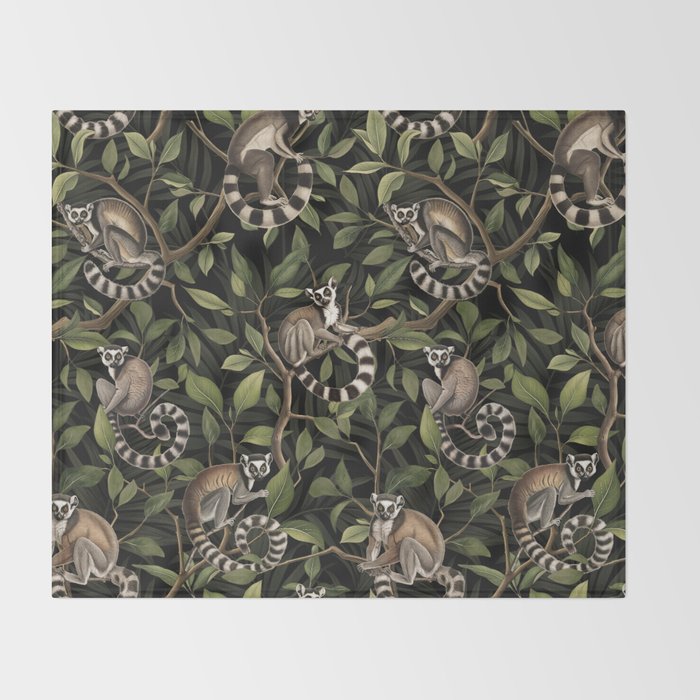 Lush Tropical Lemur Monkey Paradise Black Throw Blanket Gallery Image 2