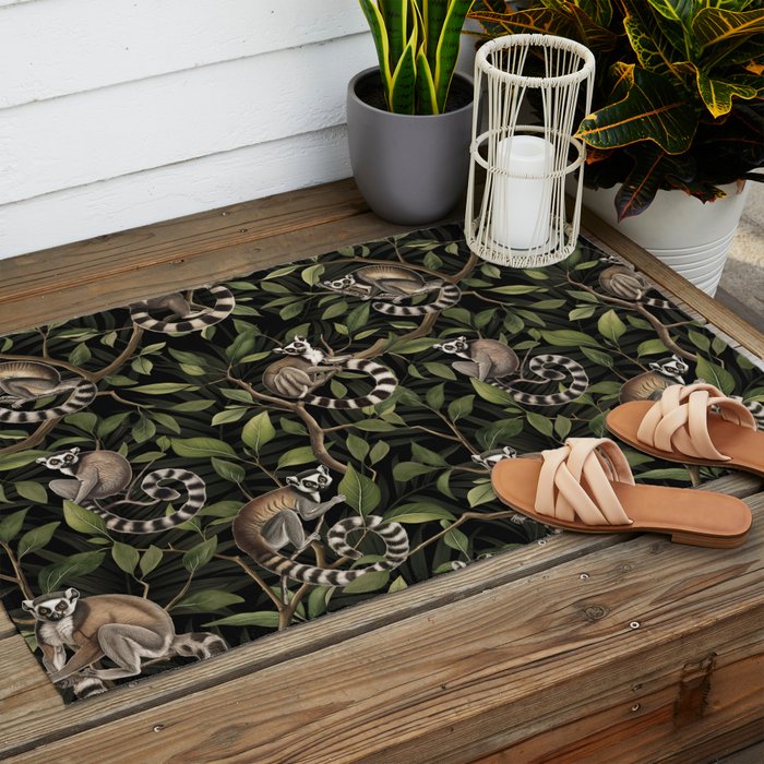 Lush Tropical Lemur Monkey Paradise Black Outdoor Rug Gallery Image 2