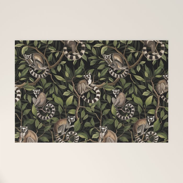 Lush Tropical Lemur Monkey Paradise Black Welcome Mat Gallery Image 1