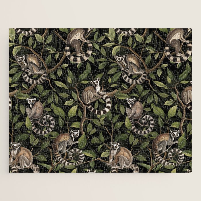 Lush Tropical Lemur Monkey Paradise Black Jigsaw Puzzle Gallery Image 1