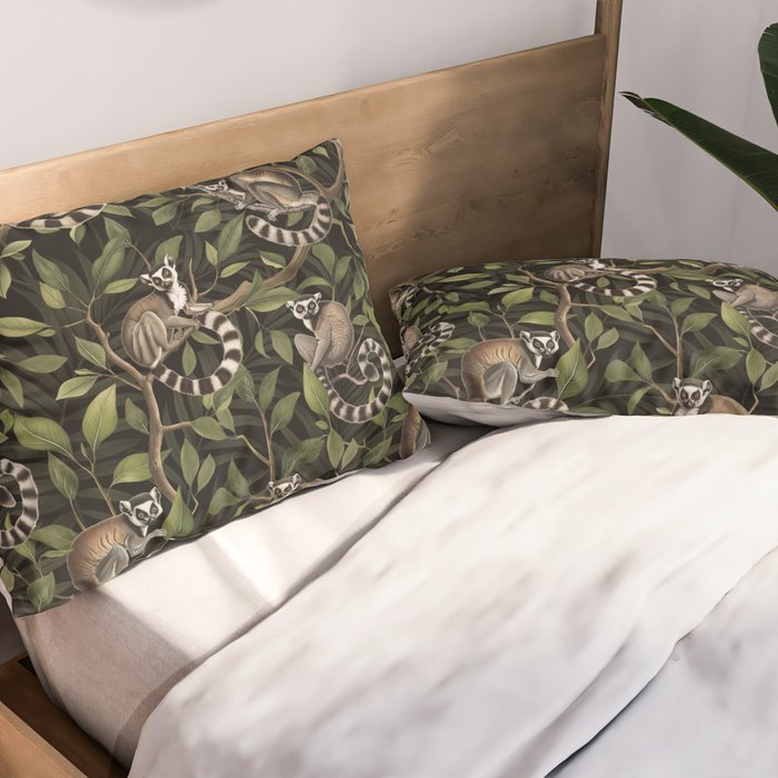 Lush Tropical Lemur Monkey Paradise Black Pillow Sham Gallery Image 2