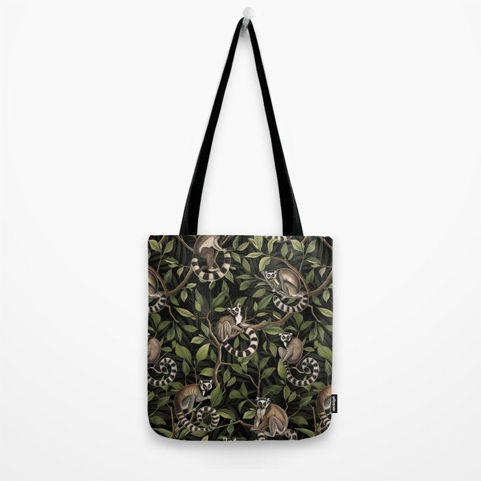 Lush Tropical Lemur Monkey Paradise Black Tote Bag Gallery Image 2