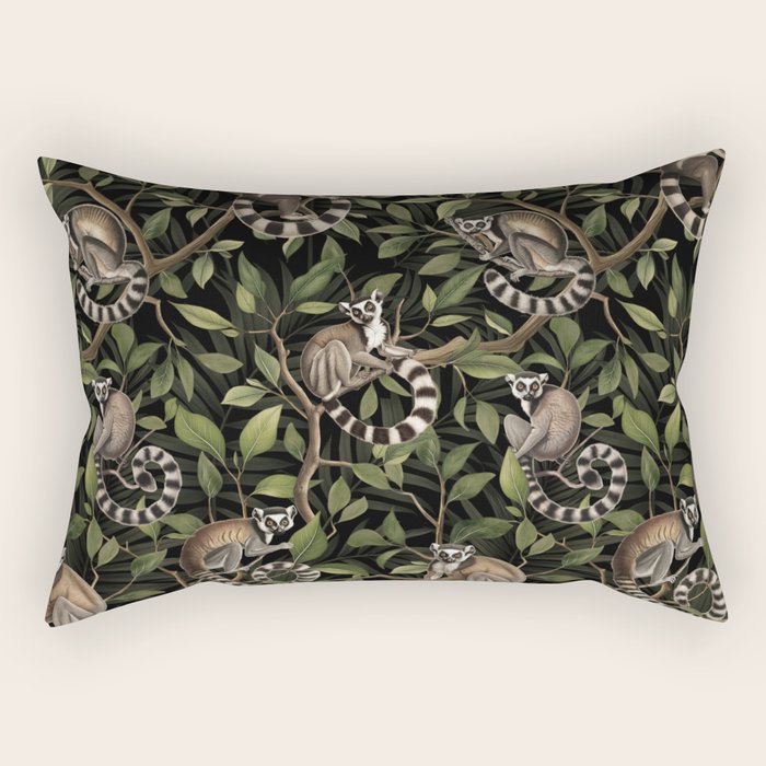 Lush Tropical Lemur Monkey Paradise Black Rectangular Pillow Gallery Image 1